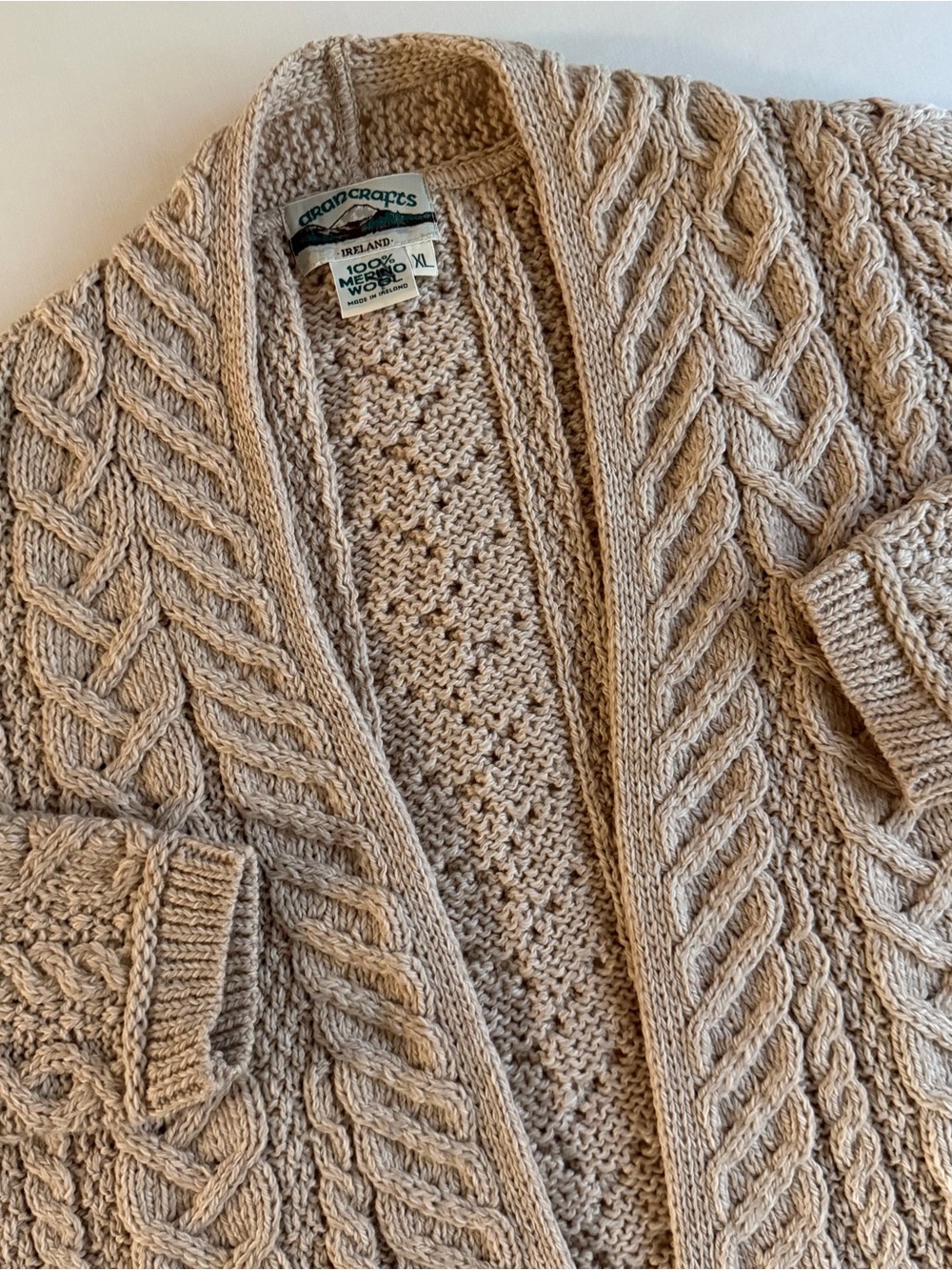Aran Crafts Ireland Wool Cardigan Women XL Open-Front Cable Knit Quiet Cottage